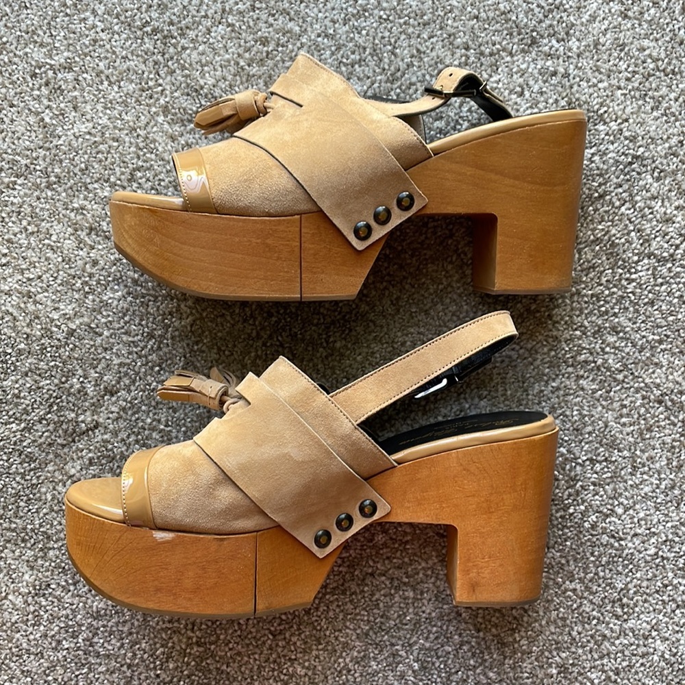 Robert Clergerie Suede Tassel Platform Wooden Sandals - Picture 2 of 16